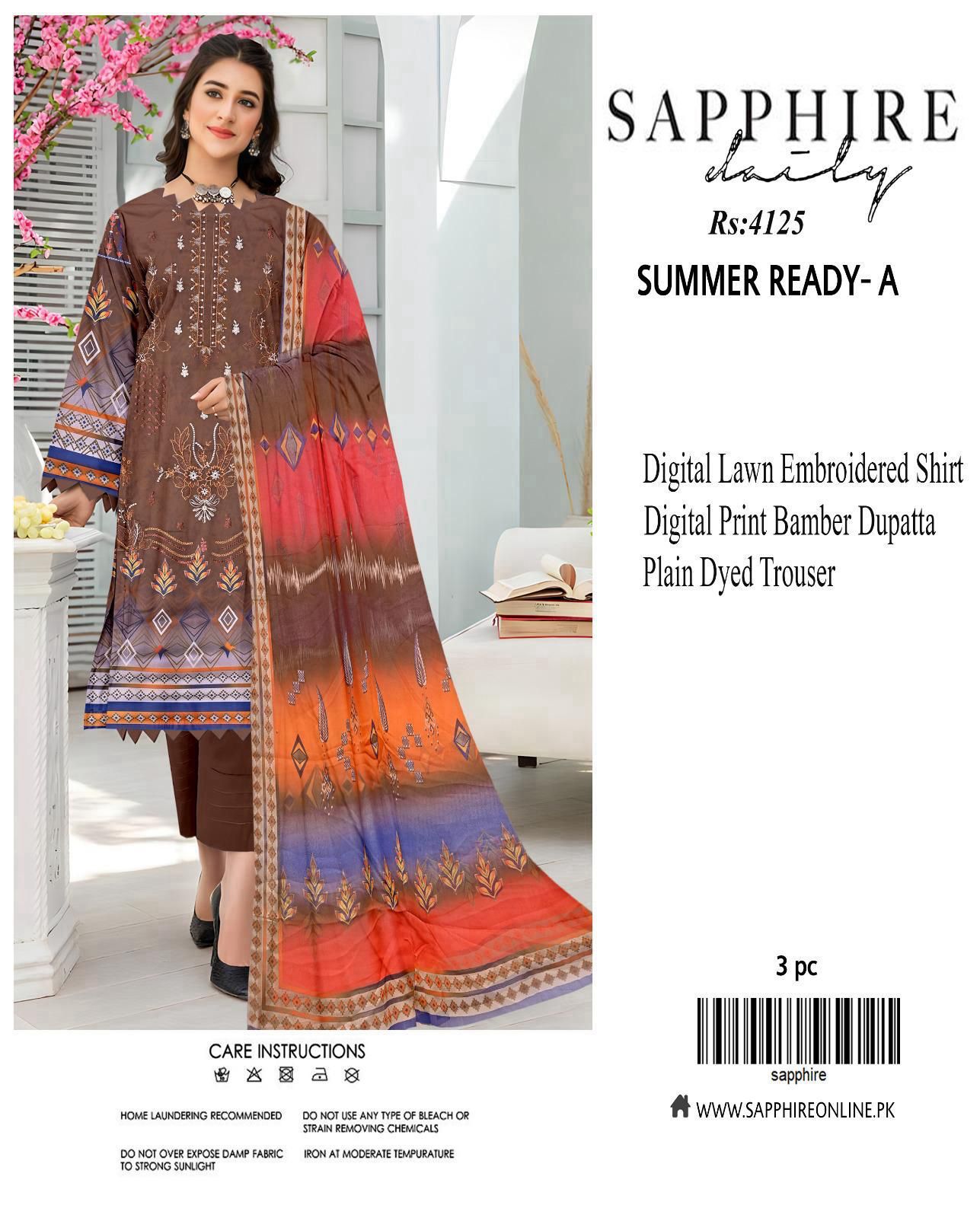 Premium Three Peace Sapphire Digital Print Embroidery Lawn suit