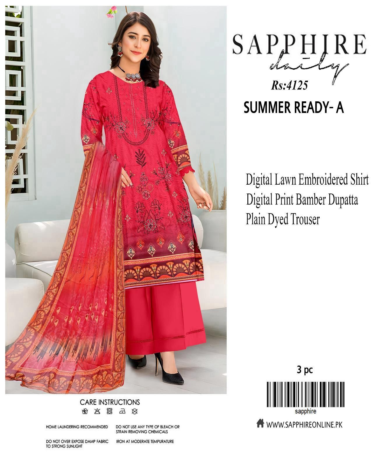 Premium Three Peace Sapphire Digital Print Embroidery Lawn suit