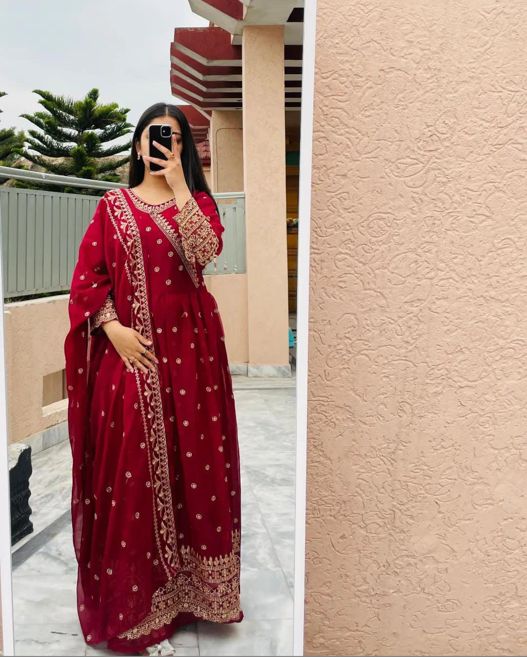 Angrakha Style Heavy Border,Neck Embroidered Maxi With Emb Dupatta 3Pcs