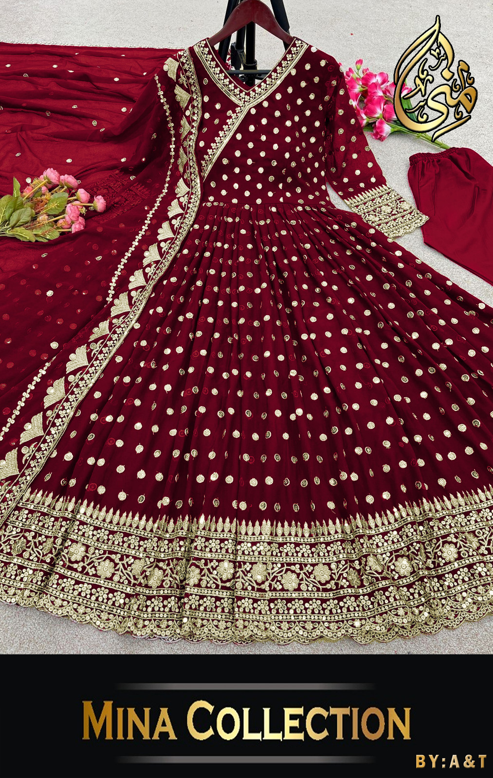 Angrakha Style Heavy Border,Neck Embroidered Maxi With Emb Dupatta 3Pcs