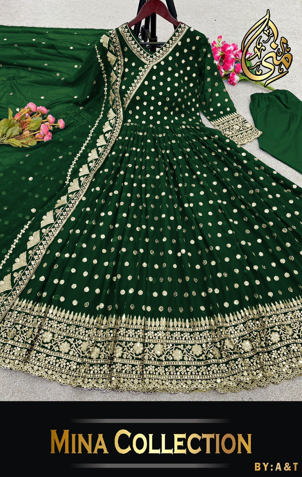 Angrakha Style Heavy Border,Neck Embroidered Maxi With Emb Dupatta 3Pcs
