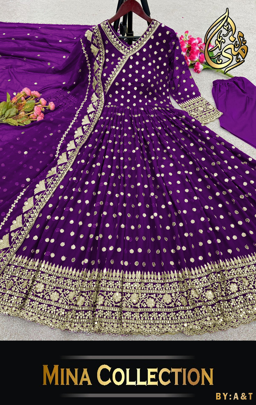 Angrakha Style Heavy Border,Neck Embroidered Maxi With Emb Dupatta 3Pcs