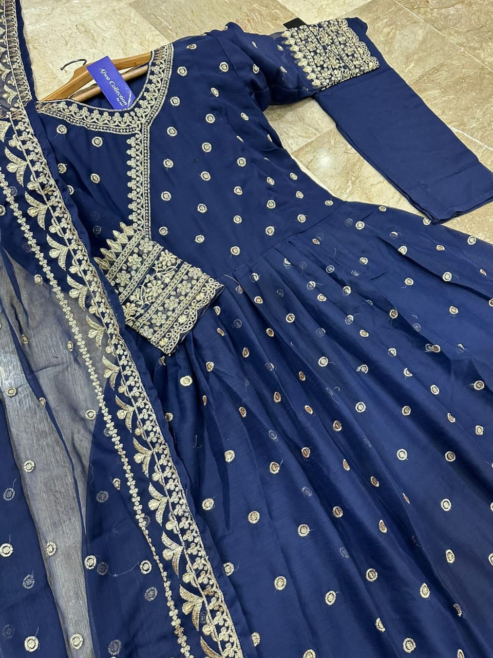 Angrakha Style Heavy Border,Neck Embroidered Maxi With Emb Dupatta 3Pcs
