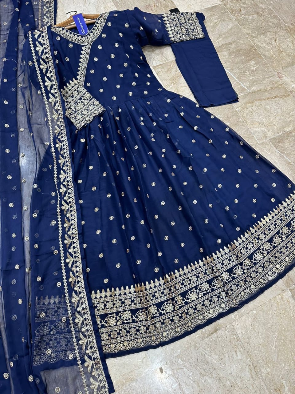 Angrakha Style Heavy Border,Neck Embroidered Maxi With Emb Dupatta 3Pcs