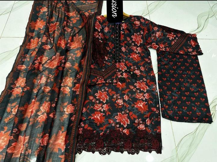 Product lon soot three Peace lon fabric and organza dupatta price