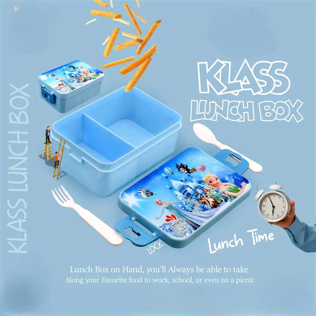 Cartoon Printed Kids School Lunch Box with Spoon & Fork Random Colours