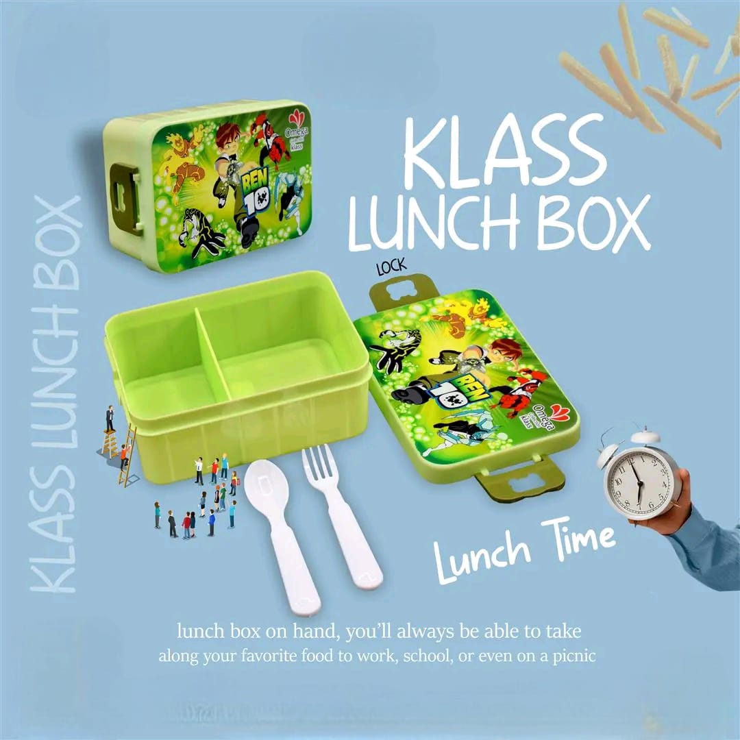 Cartoon Printed Kids School Lunch Box with Spoon & Fork Random Colours