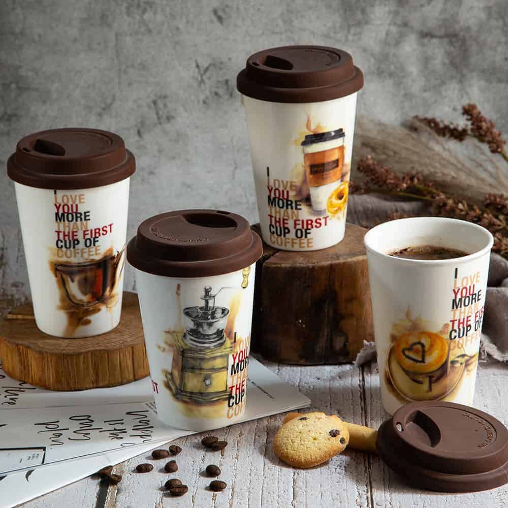 1pc Ceramic Beautiful Printed Coffee Mug with Silicone Lid 500ml Approx Random Prints