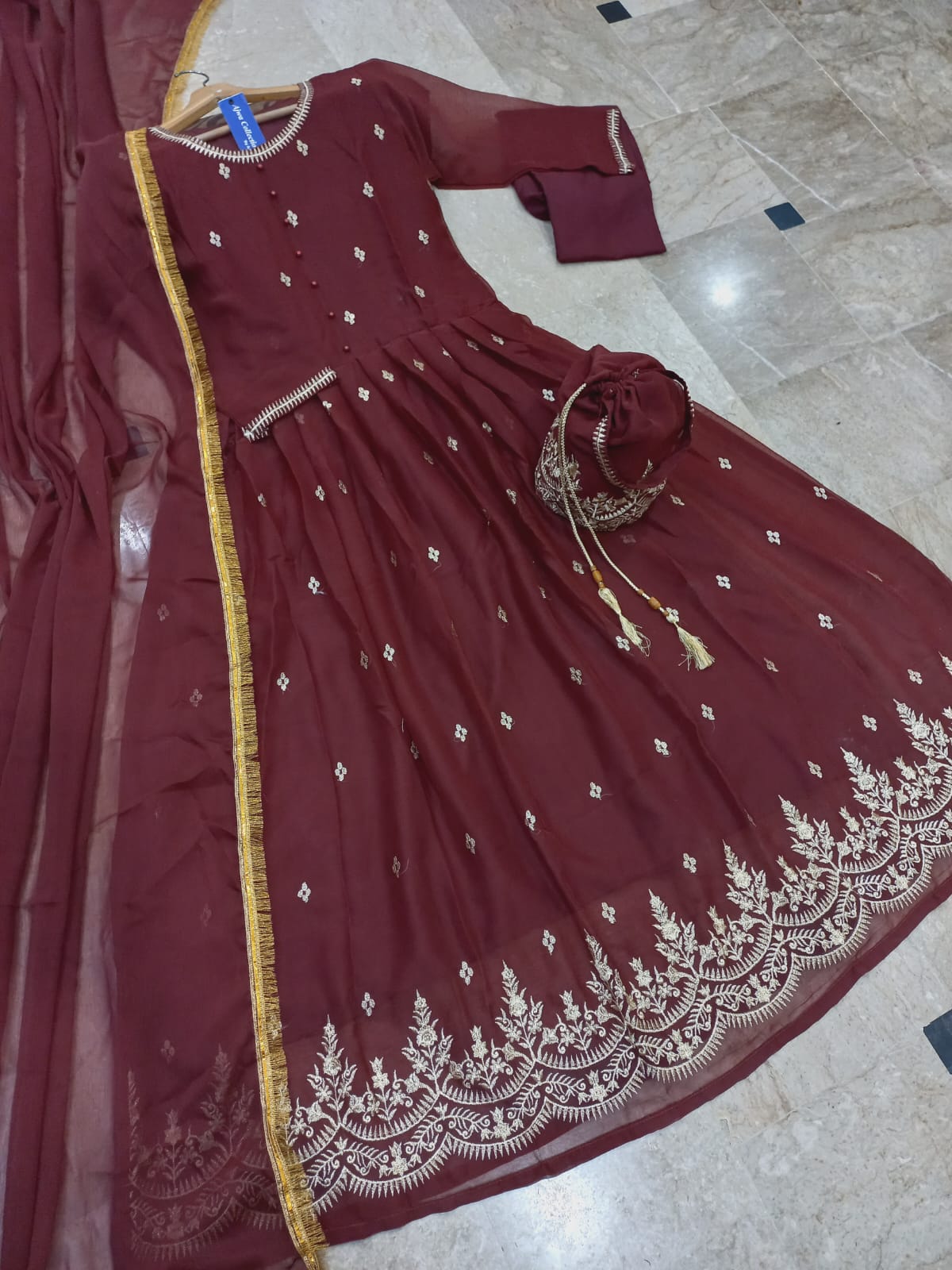 4Pcs, Maxi,Dupatta,Trouser,Potli Bag