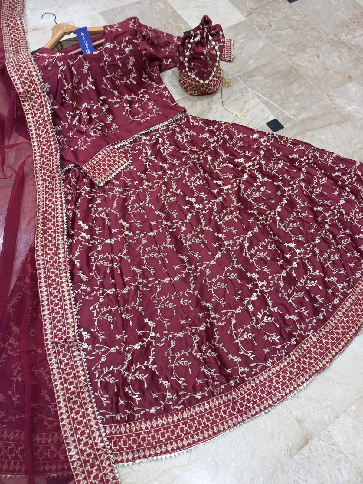 4 Piece Front Embroidered Top With Long Flare Embroidery Skirt