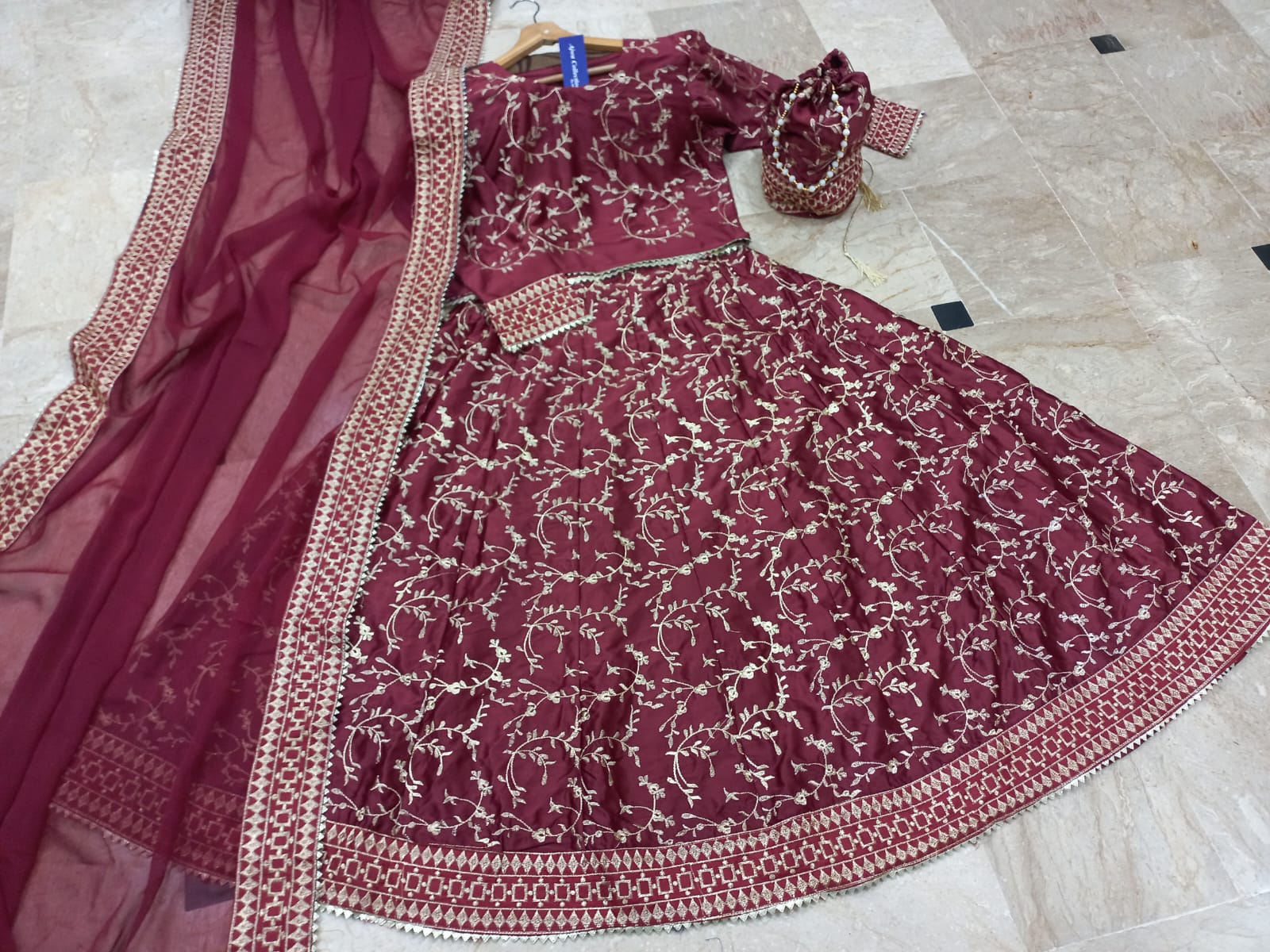 4 Piece Front Embroidered Top With Long Flare Embroidery Skirt