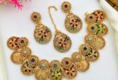Fancy Beautiful Party Wear Zircon Necklace With Earings And Tika