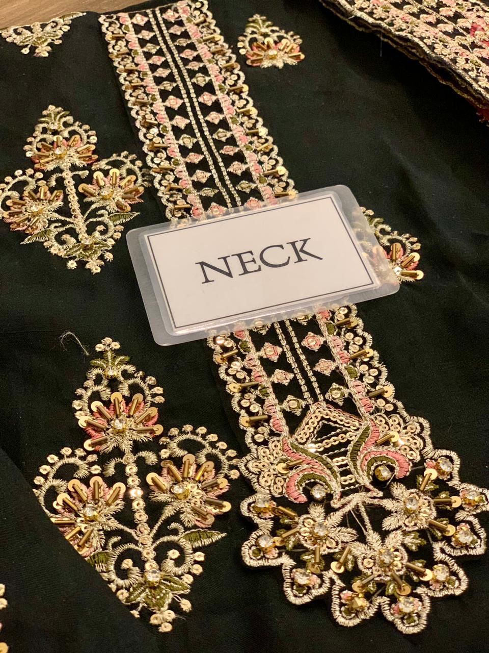 Front fully embroidered on raw silk with hand embellishments and sequins work