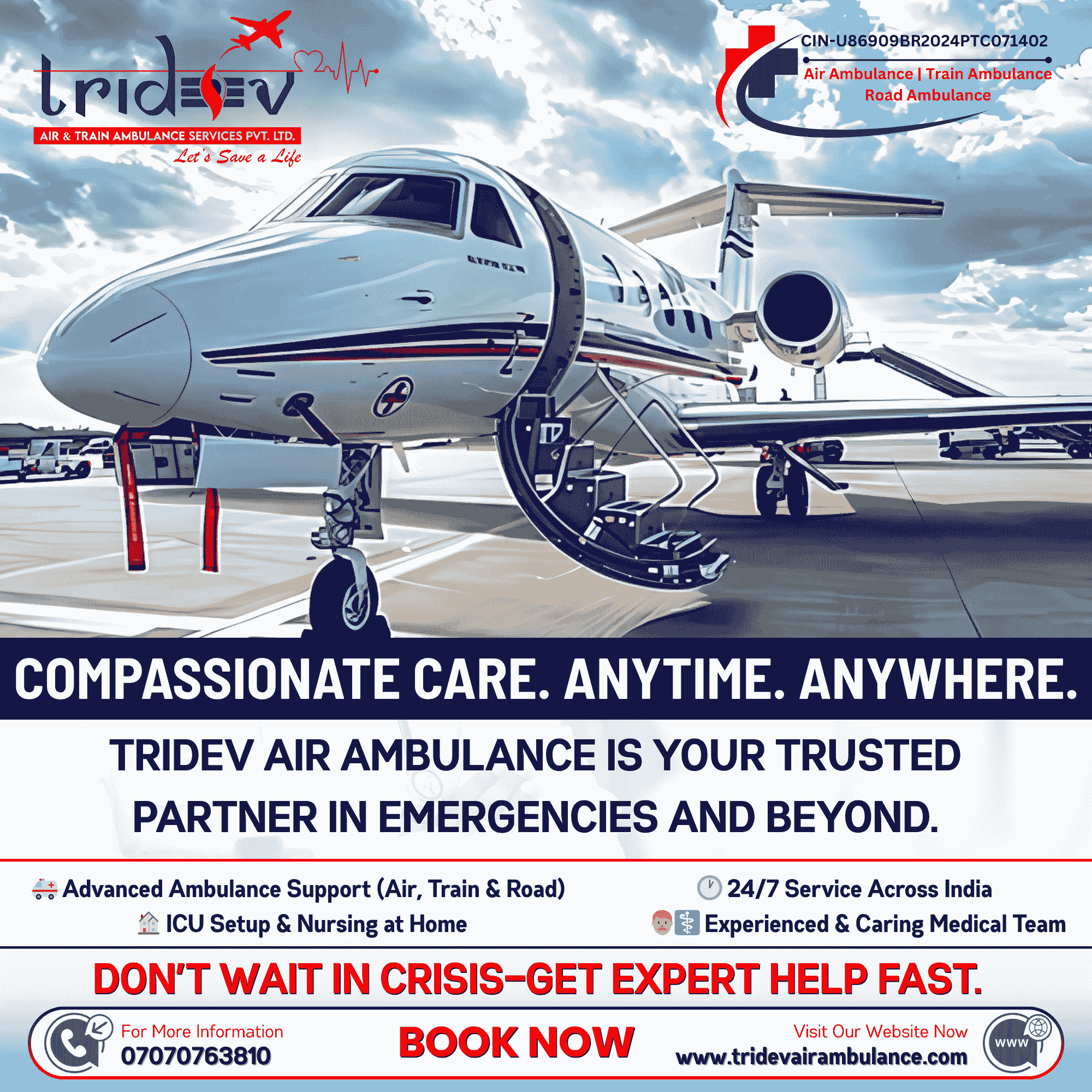 Just Go From Tridev Air Ambulance Service in Ranchi with All Medical Care