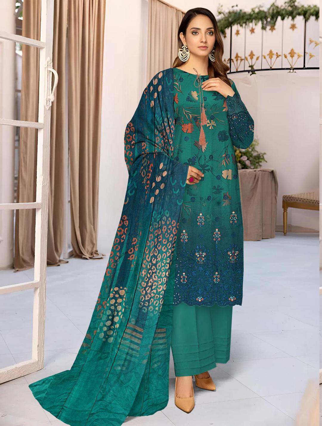 Elegant Turquoise Embroidered Linen Suit with Chikankari Sleeves