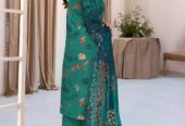 Elegant Turquoise Embroidered Linen Suit with Chikankari Sleeves