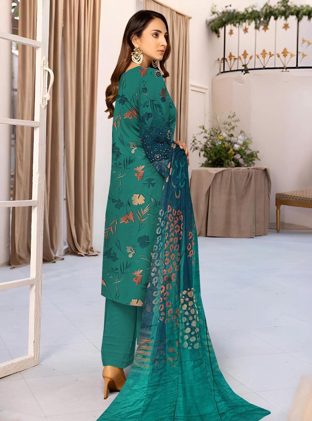 Elegant Turquoise Embroidered Linen Suit with Chikankari Sleeves
