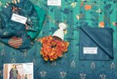 Elegant Turquoise Embroidered Linen Suit with Chikankari Sleeves