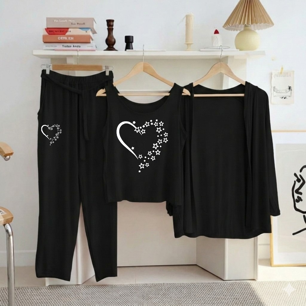 3 Pieces Black Printed Nightwear
