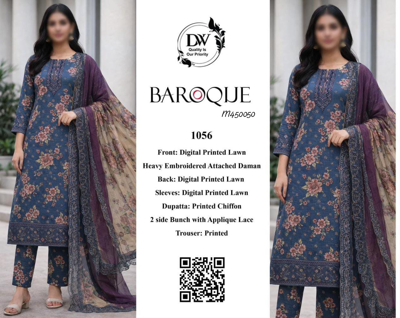 BAROUQE 1056 CHIFFON DUPATTA WITH 4 SIDE APLIk Most Demanding Lawn 3pc