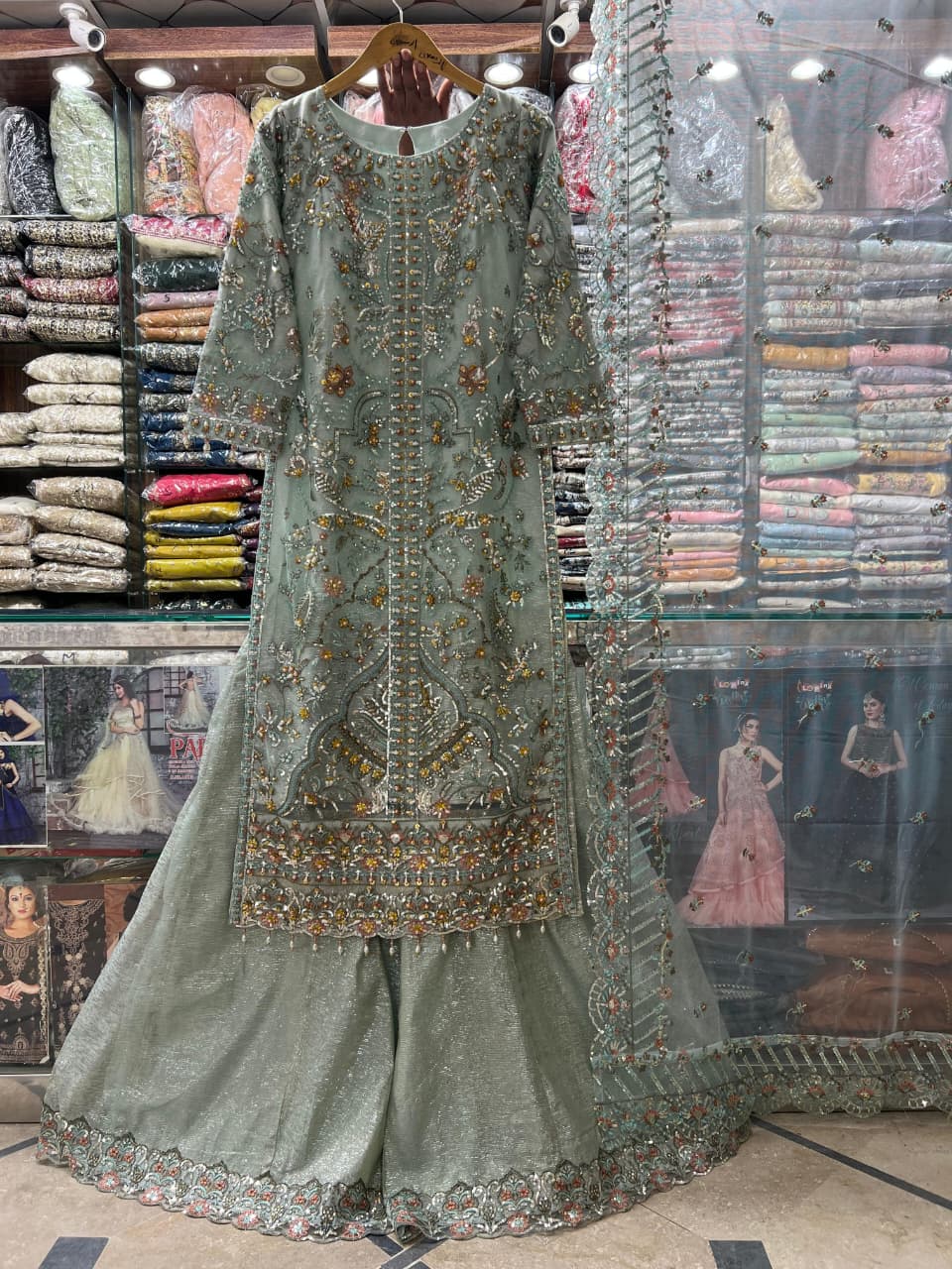 Karandi net fabric pearl work stone work zarri work thread work net