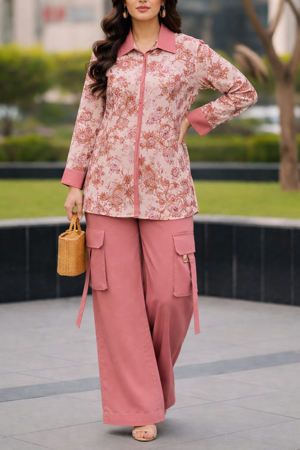 2 piece printed shirt and cargo trouser