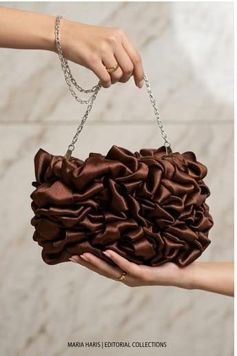 Brown Satin Ruffled Clutch