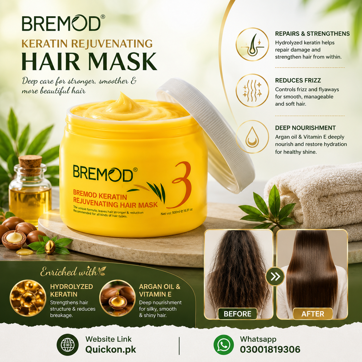 Buy Bremod Keratin Rejuvenating Hair Mask Price in Islamabad – 500 ML At Quickon.pk