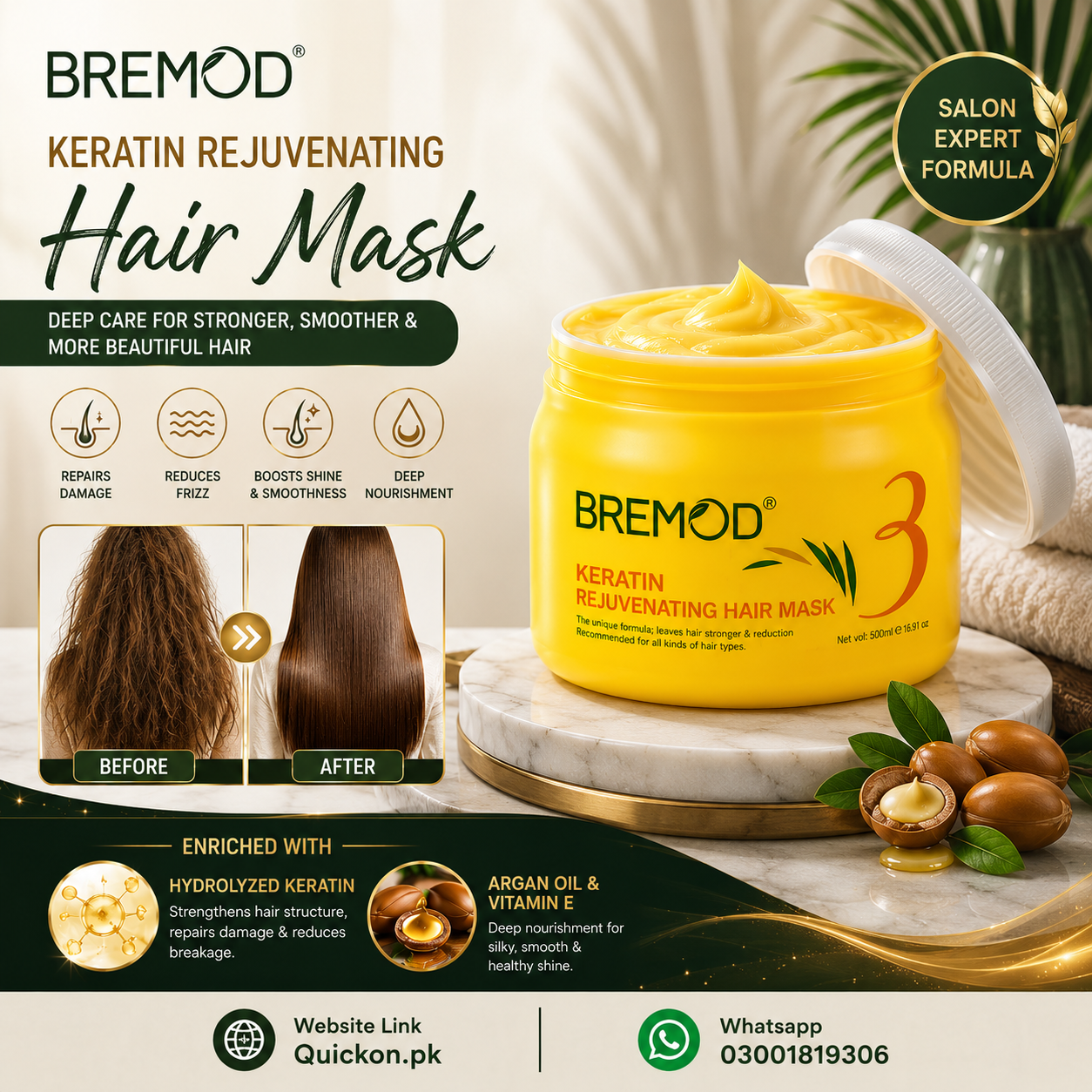 Buy Bremod Keratin Rejuvenating Hair Mask Price in Peshawar – 500 ML At Quickon.pk