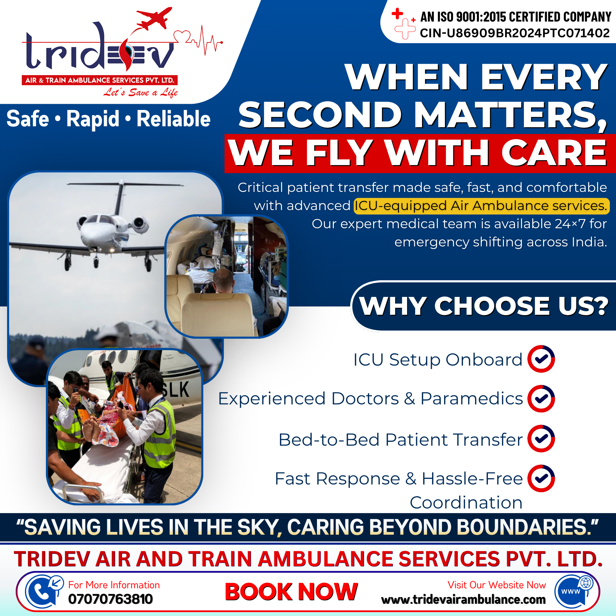 Rapid Response Medical Aviation: Elite Tridev Air Ambulance Services in Kolkata Care for Critical Emergencies