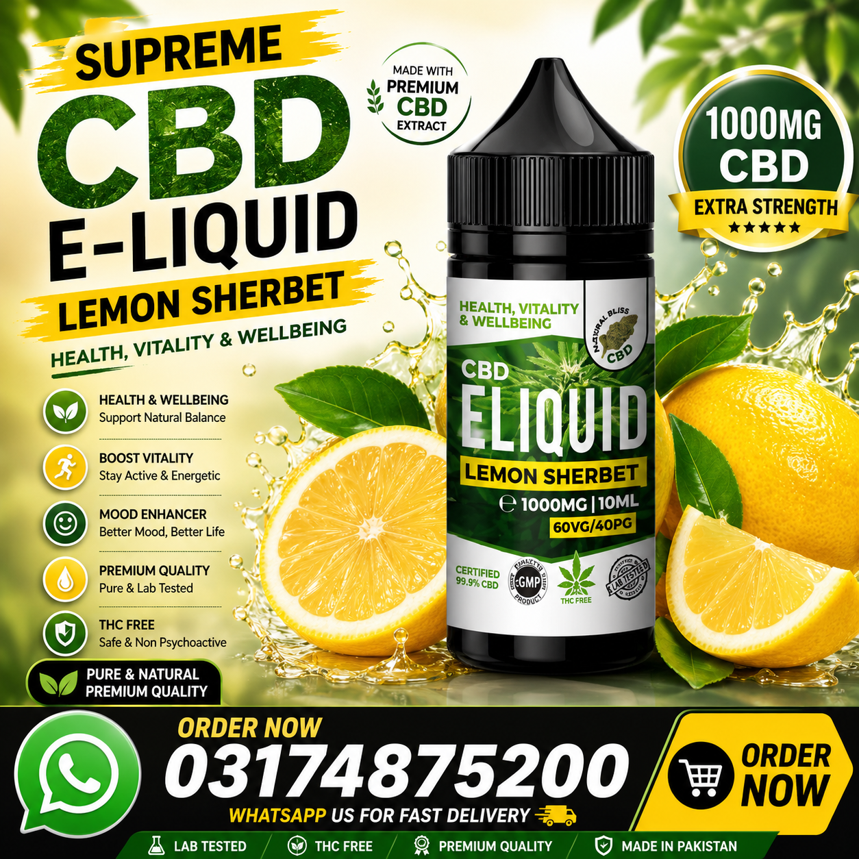 CBD E-Liquid Lemon Sherbet Flavour 1000MG Price In Karachi – {03174875200}