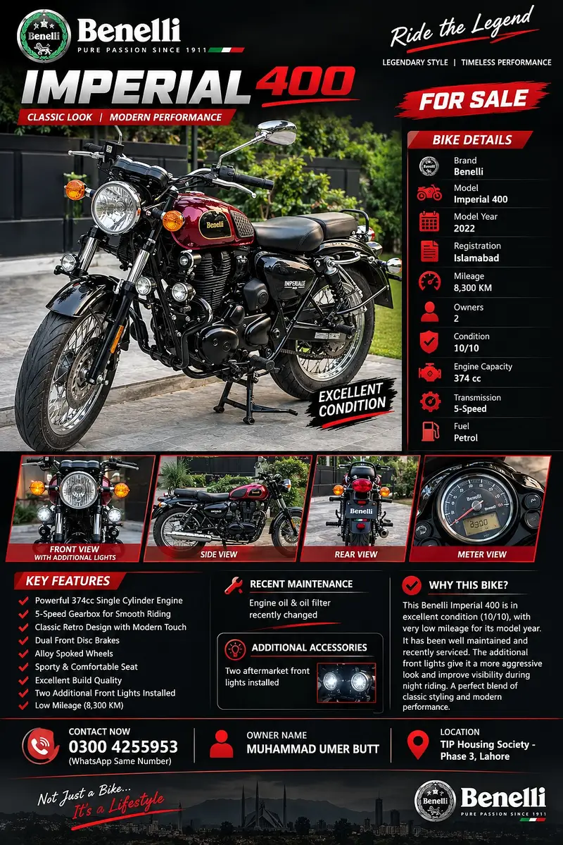 Benelli Bike | Model Imperial 400 | Year 2022 | KM Driven 8600 | Bike