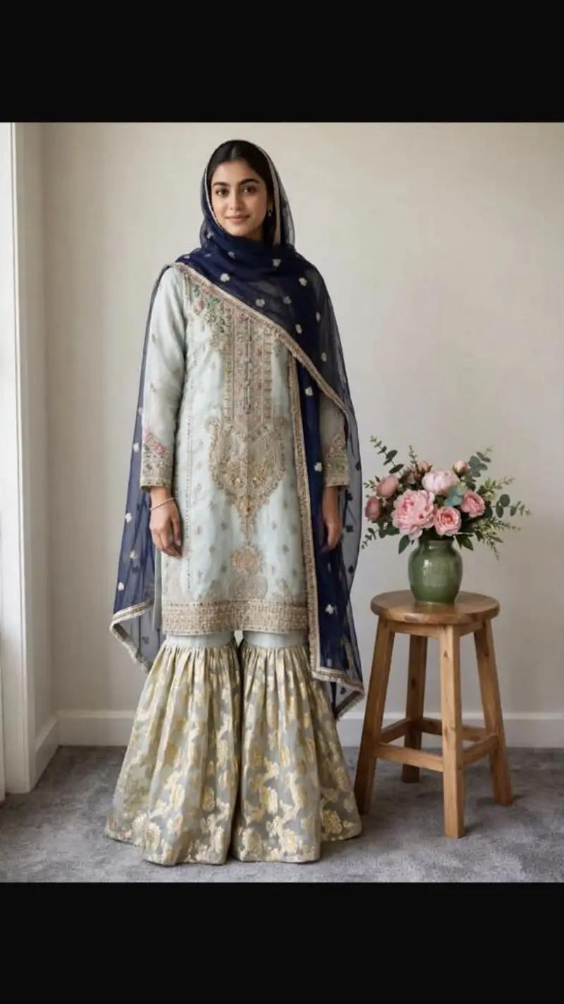 `Ice Blue Banarsi Gharara – Party Wear Fancy Dress