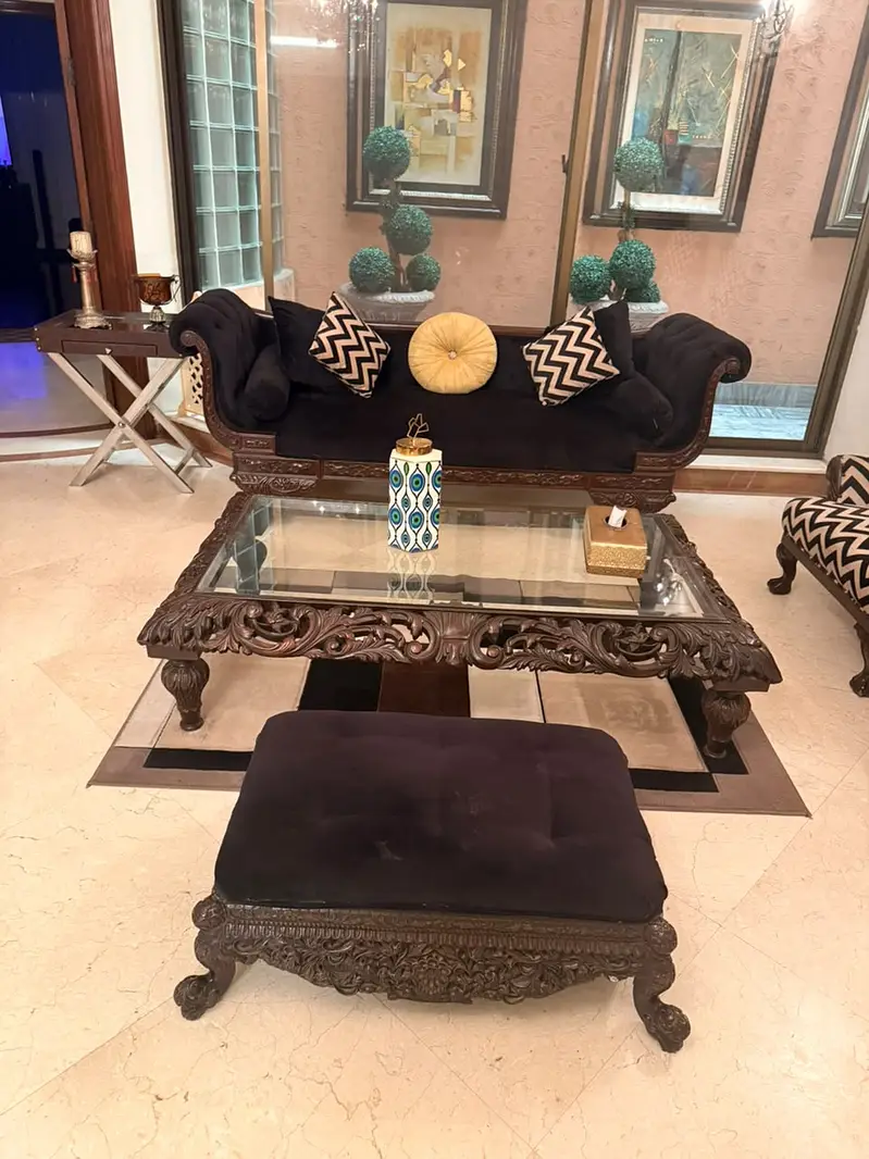 3 Seater Solid Wood Carved Sofa Set | Centre Table & Ottoman