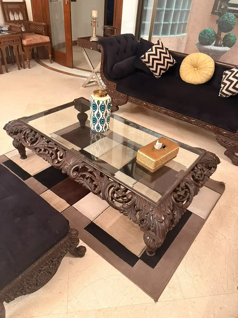 3 Seater Solid Wood Carved Sofa Set | Centre Table & Ottoman